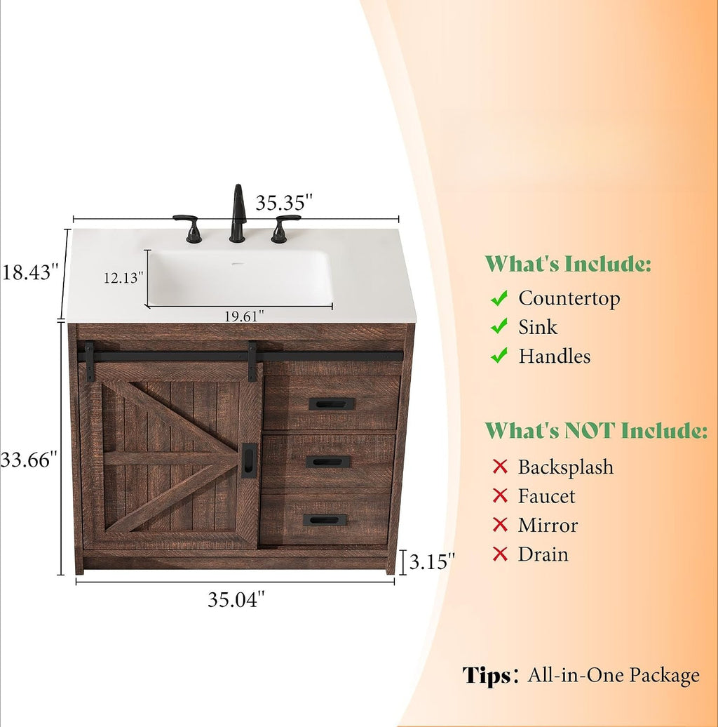 36" Farmhouse Barn Door Bathroom Vanity