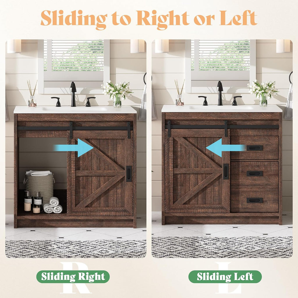 36" Farmhouse Barn Door Bathroom Vanity