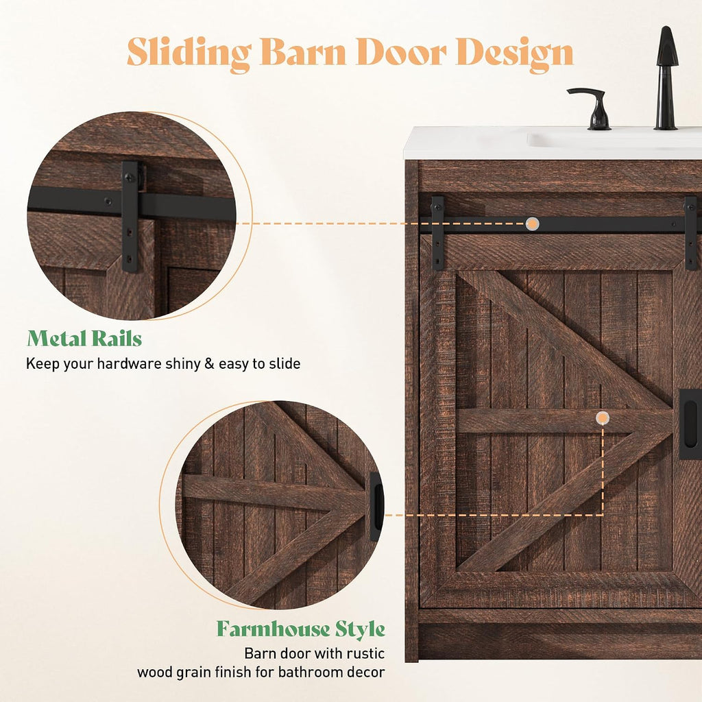36" Farmhouse Barn Door Bathroom Vanity